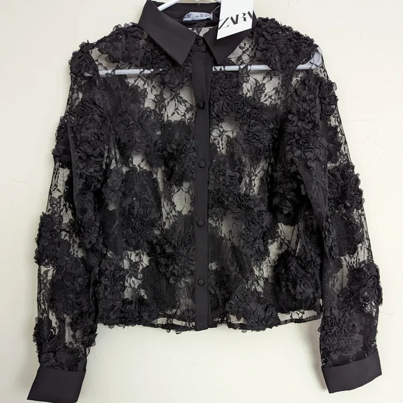Zara | Tops | Zara Black Organza Flower Tulle Blouse Top Nwt